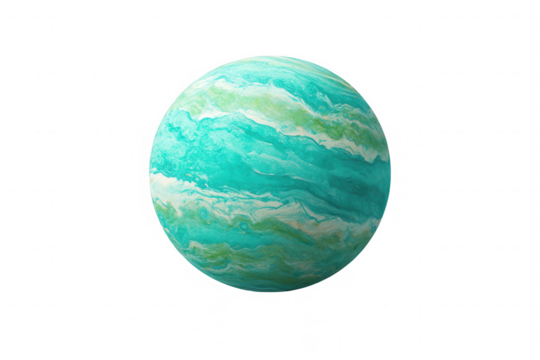Rounded turquoise planet featuring swirling patterns of green and white, positioned on a white background with cut-out effect, resembling a distant celestial body