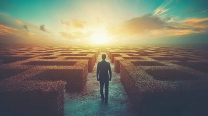 Fototapeta premium A man stands at the entrance of a maze, contemplating the journey ahead as the sun rises, symbolizing hope and new beginnings.