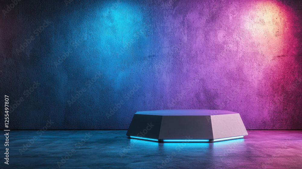 Poster modern presentation area with hexagonal platform and colorful lighting. vibrant hues create inviting