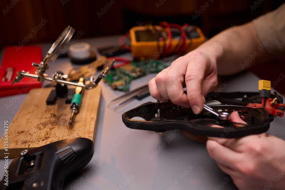 Poster conducting detailed and precise repair work using various tools and electronic components