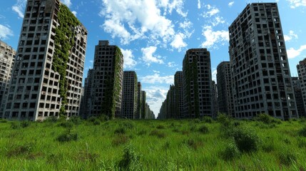 Obraz premium A serene view of abandoned skyscrapers overtaken by greenery, under a bright blue sky scattered with clouds.