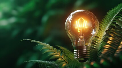 A light bulb nestled among verdant ferns, casting a warm glow, represents a perfect blend of nature and technology, creating a soothing and inspiring ambiance.