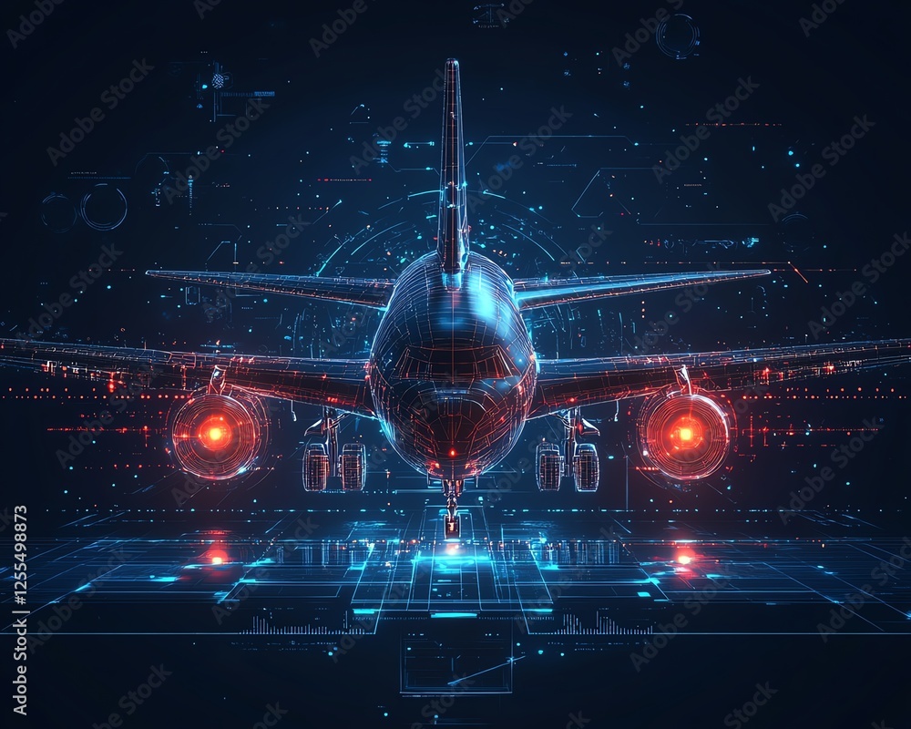 Aufkleber Futuristic interface in the middle of the image with an airplane, abstract aeronautics design, digital aerospace theme