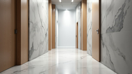 Obraz premium Office hallway with marble-like acoustic wall panels.