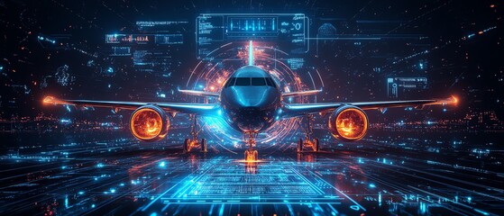 Obraz premium Futuristic airplane surrounded by digital interface, abstract aerospace and aeronautics design, centerfocused technology concept