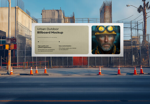 Realistic Urban Outdoor Billboard Mockup &ndash; Large Construction Banner, Street Advertising Display, and Commercial Signage for Marketing and Branding in a City Environment