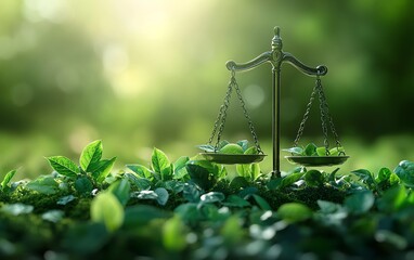 Green leaves on a balance scale, symbolizing justice and environmental awareness, digital illustration of nature and fairness concept
