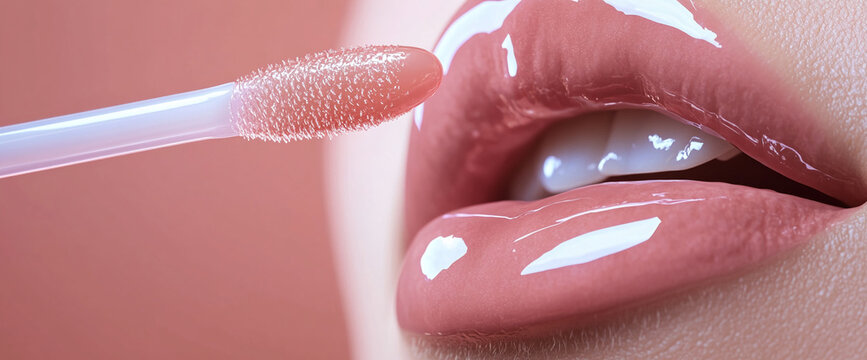 Fototapeta Close-up of glossy, plump lips with a shiny finish, highlighting smooth skin and lip care, showcasing beauty, skincare, and luxury in a refined aesthetic.