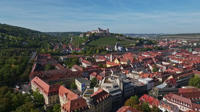 Aerial drone view of Marienberg Fortress (Festung Marienberg) in W&uuml;rzburg, Germany, showcasing the historic hilltop castle overlooking the Main River. 
