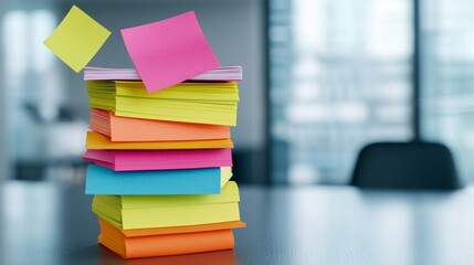 A colorful stack of sticky notes in a modern office setting, with one note floating in the air, suggesting creative ideas or reminders.