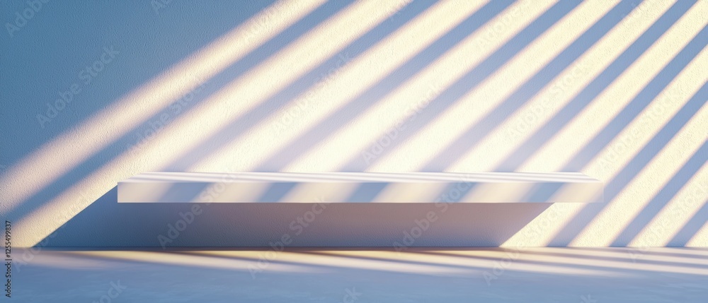 Poster a minimalist shelf casting soft shadows with diagonal rays of light, creating a serene and modern in