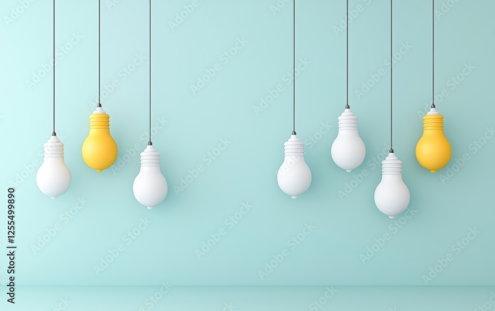 Wall mural Colorful hanging light bulbs against a mint green wall, ideal for modern decor and creative designs.