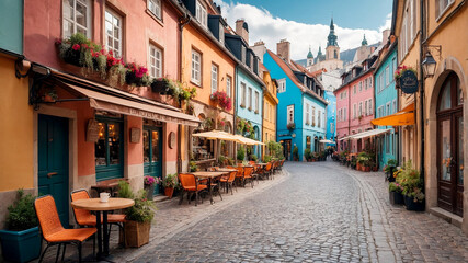 Naklejka premium A Picturesque European Street Lined with Colorful Houses and Charming Architecture
