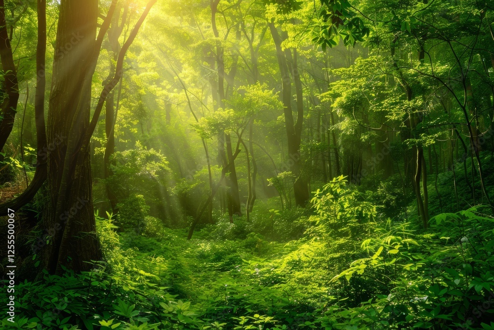 Poster bright sunlight filters through lush green trees in a serene forest during late spring, creating a t