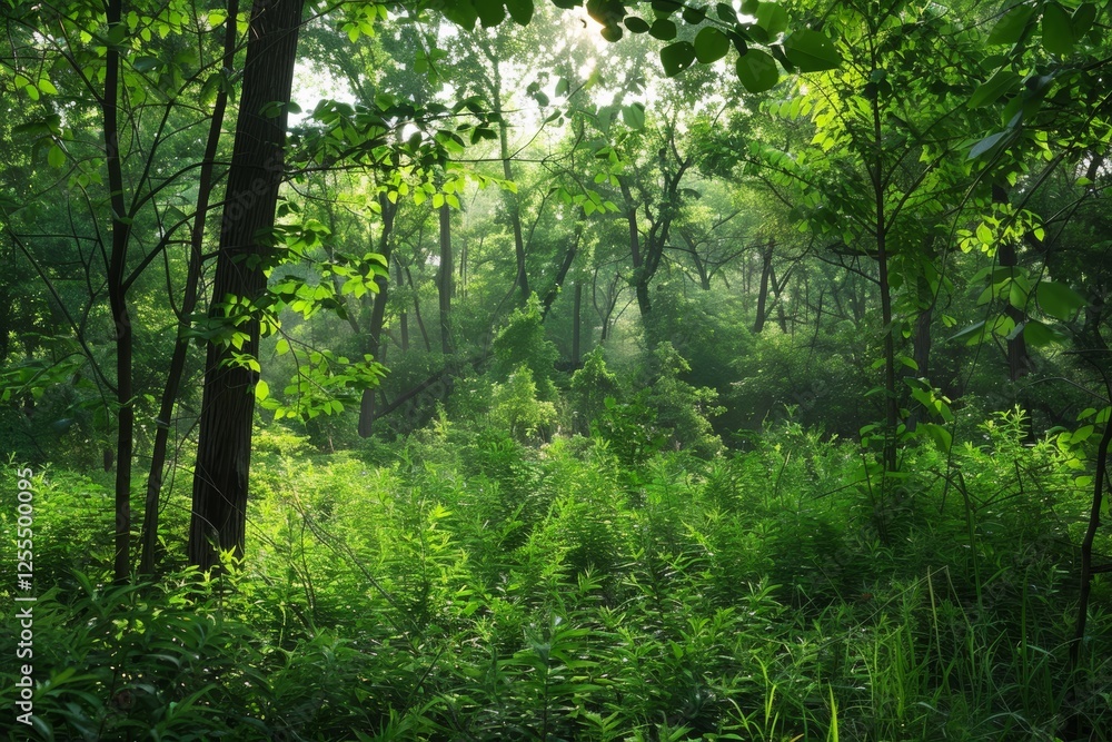 Poster bright sunlight filters through lush green trees in a serene forest during late spring, creating a t