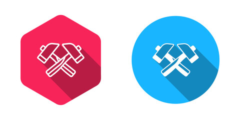 Filled and outline Crossed hammer icon isolated with long shadow background. Tool for repair. Vector