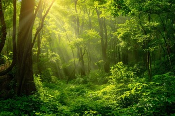 Obraz premium Bright Sunlight Filters Through Lush Green Trees in a Serene Forest During Late Spring, Creating a Tranquil Atmosphere and Inviting Exploration