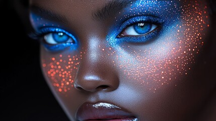 Woman with neon UV makeup and colorful face patterns, glowing softly; abstract artistry blending light and identity