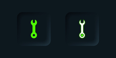 Green Wrench spanner icon isolated on black background. Spanner repair tool. Service tool symbol. Black square button. Vector