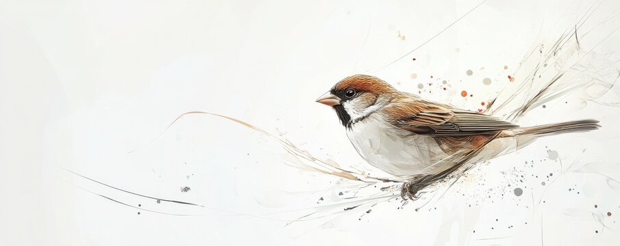 Artistic sparrow illustration capturing bird in flight with abstract elements