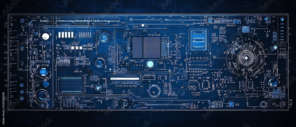 Aufkleber minimalistic blueprint of a circuit board, dark blue background, digital artwork of modern tech syst