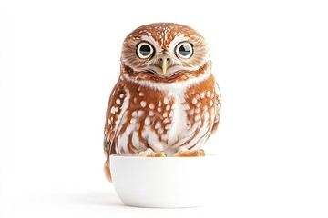 Fototapeta premium Close-up of a small owl perched in a white bowl, showcasing its unique features