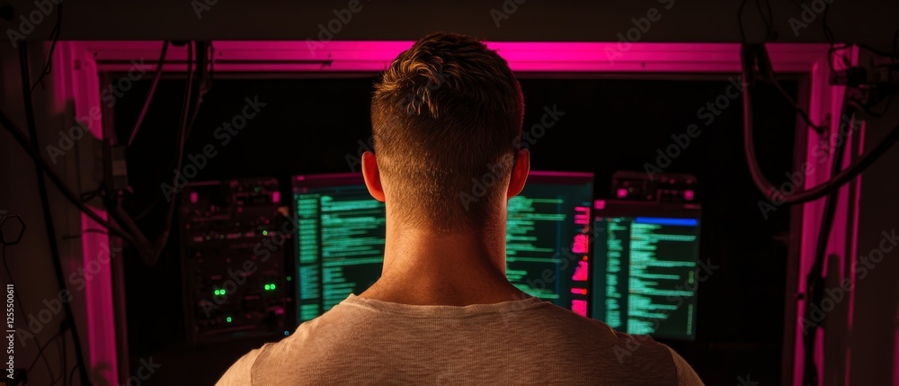 Poster man working on multiple computer screens at night in pink backlit room