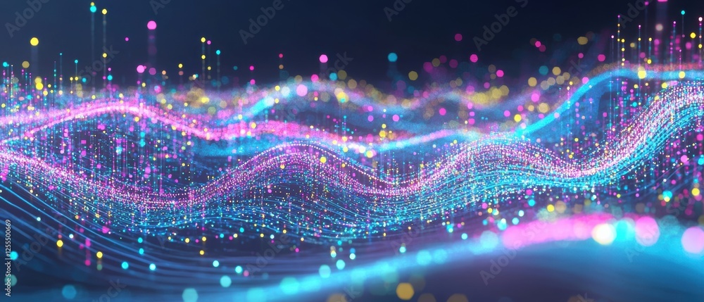 Poster abstract digital waves with vibrant colors representing data and technology in a futuristic landscap