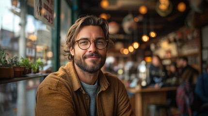 Fototapeta premium Smiling man in casual wear sitting by the window in a cafe. Informal setting, urban lifestyle, relaxation and enjoying the moment.