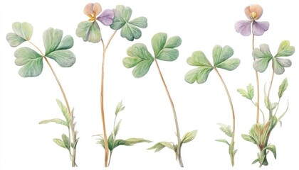 Delicate watercolor illustration of clover plants with flowers, showcasing detailed botanical features
