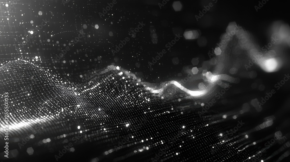 Poster abstract black and white digital wave with sparkling particles, creating a futuristic and high-tech 