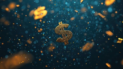 Naklejka premium A vibrant swirl of golden dollar signs amidst shimmering particles, symbolizing wealth and prosperity in a digital context.