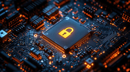Fototapeta premium Glowing padlock on microchip is securing computer circuit board, enhancing digital security and data protection
