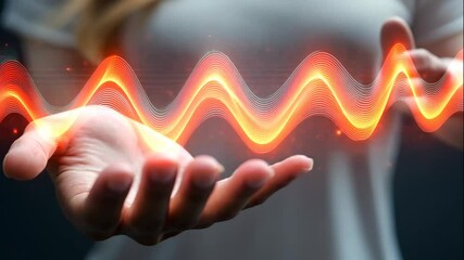 A person holding glowing orange energy waves or sound waves in their hands. The abstract light effect represents technology, power, innovation, or mystical energy, set against a blurred background. - Powered by Adobe