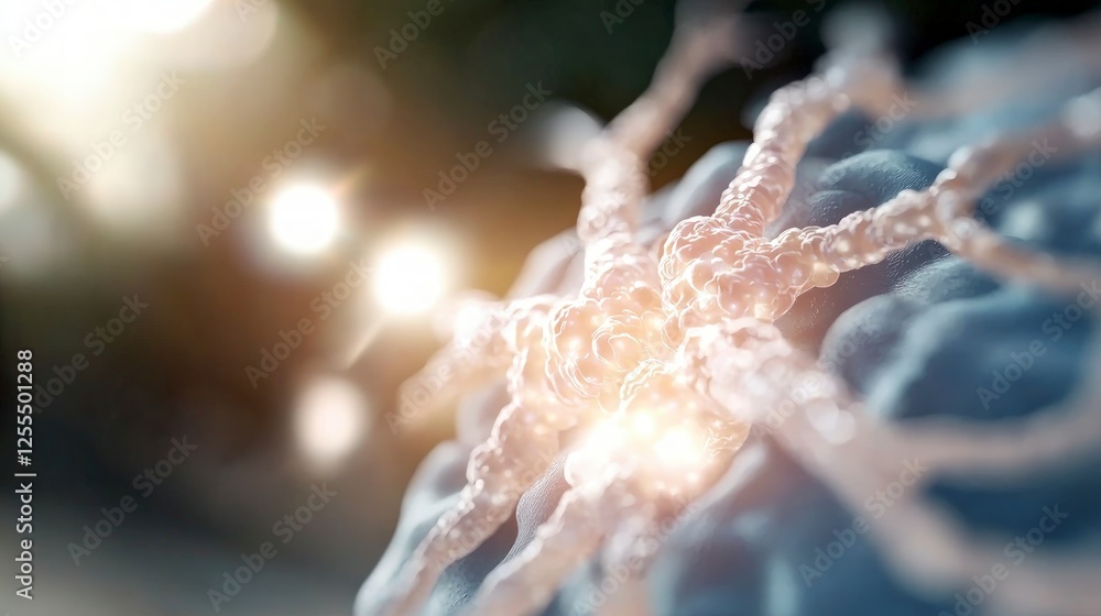 Poster microscopic view of a complex cellular network with glowing white branches