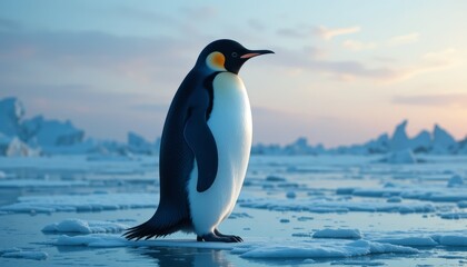Fototapeta premium Penguin standing on an icy landscape in Antarctica