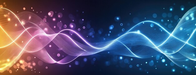 Obraz premium Colorful abstract sound waves combined with audio gear create a lively backdrop filled with neon light effects in blue and pink shades