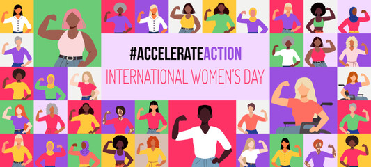 A poster for International Women's Day featuring a collage of women with the slogan 