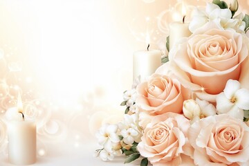 Soft cream roses, white flowers, lit white candles arranged on a light background with soft light effects, cozy, romantic atmosphere, Valentine’s Day, elegant, intimate decor, soft glow, love theme.