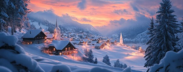 Snowy alpine village at sunset with illuminated houses and scenic mountain view