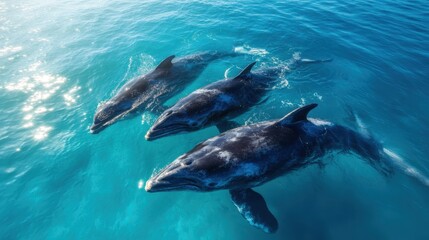An enchanting view of three whales swimming peacefully in turquoise waters, illustrating the elegance and tranquility of underwater life in their natural habitat.
