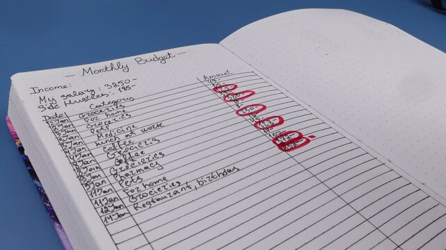 Open daily planner notebook on desk, with neatly handwritten organized Monthly Budget tracking. With dates, categories and expenses. Personal finance management, spending and budgeting habits concept.