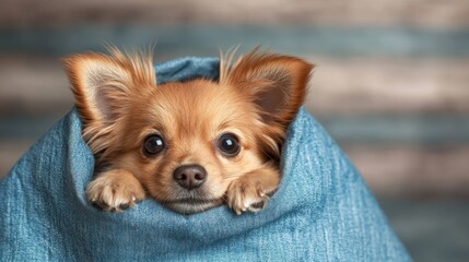 An adorable Chihuahua puppy with expressive eyes is draped in soft denim, capturing the essence of comfort and cuteness in a stylish and captivating manner.