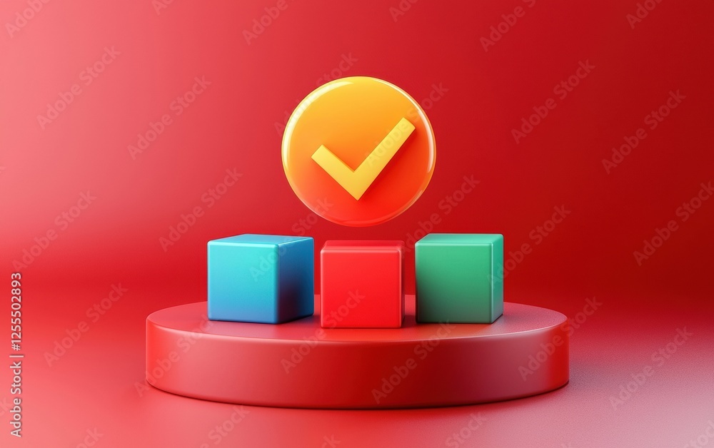 Aufkleber colorful geometric shapes with a checkmark symbol representing approval and success in a modern desi