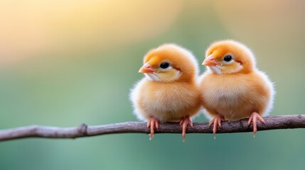 Obraz premium Two fluffy yellow chicks sit closely together on a branch, showcasing their bright colors and innocent charm in nature's soft sunlight backdrop.