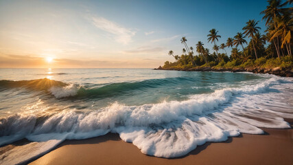 Tranquil Close-Up of Calm Sea Water Waves with Palm Trees on the Shore