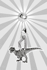 Creative photo 3d collage artwork poster postcard of young positive girl dancing wild animal...