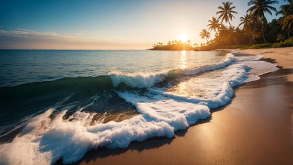 Tranquil Close-Up of Calm Sea Water Waves with Palm Trees on the Shore