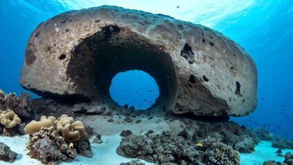 Underwater Hole in the Rock in the Pacific Ocean with Clear Blue Water