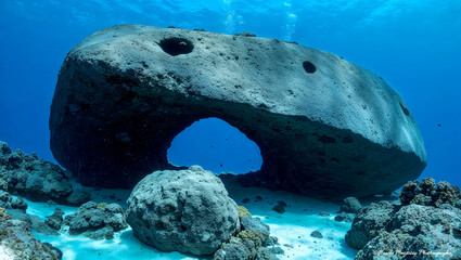 Underwater Hole in the Rock in the Pacific Ocean with Clear Blue Water